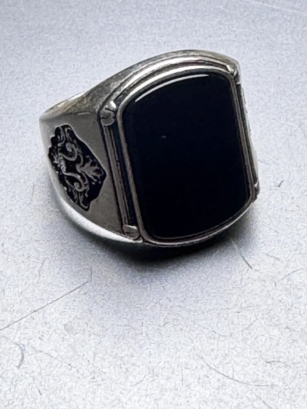 Vintage 1980s Sterling Silver Black Onyx Men's Ring Size 12 Heraldic Engraving